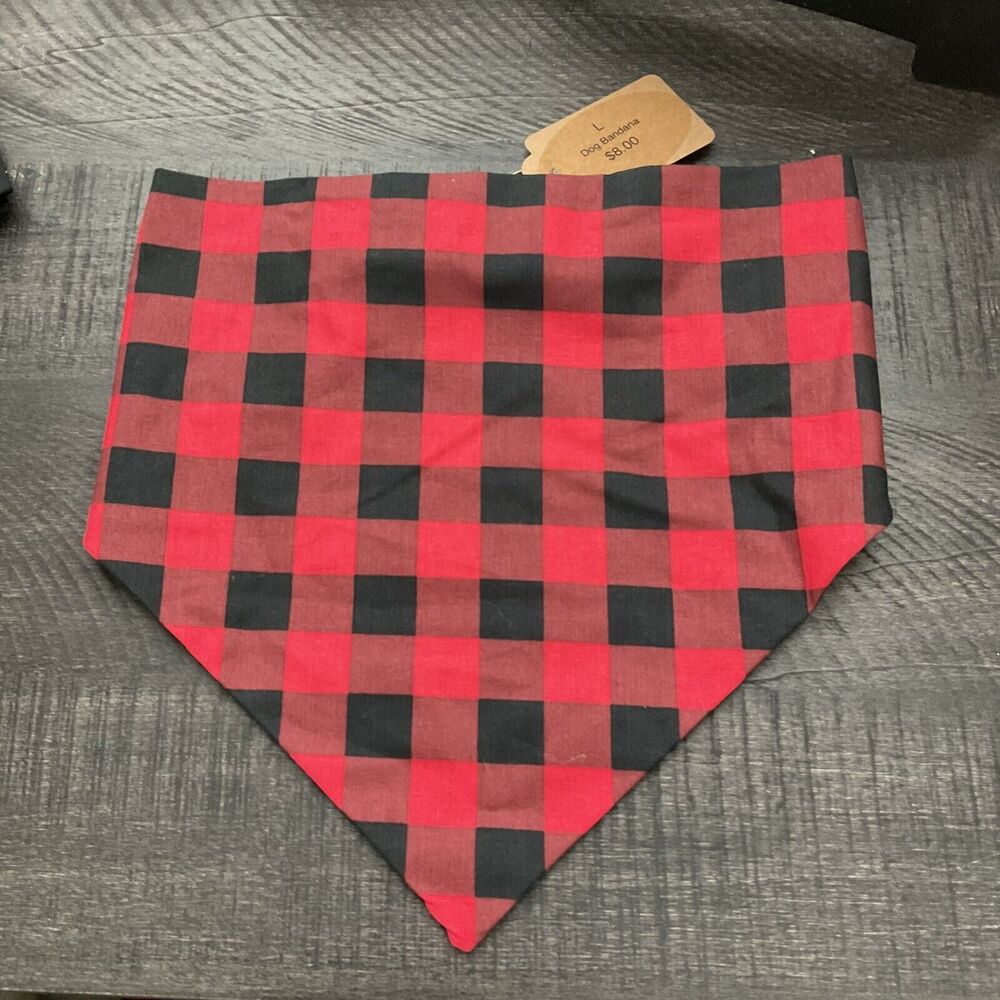 Dog Scarf Slide On Collar Elastic Band Buffalo Plaid Black Red Large New